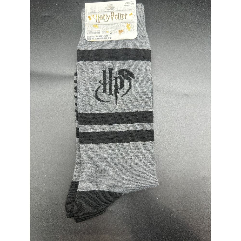 Harry Potter Socks Mens 6-12 Crew Wizarding World HP Logo Gray Black New